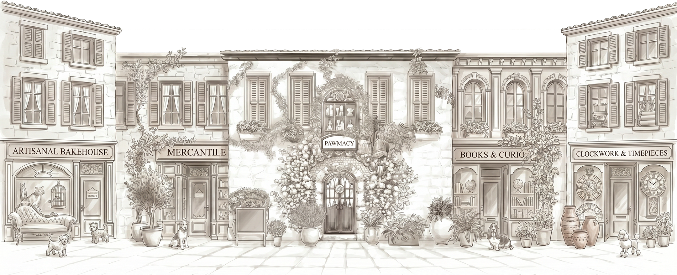 わんちゃん達がおしごとをする街のイラスト